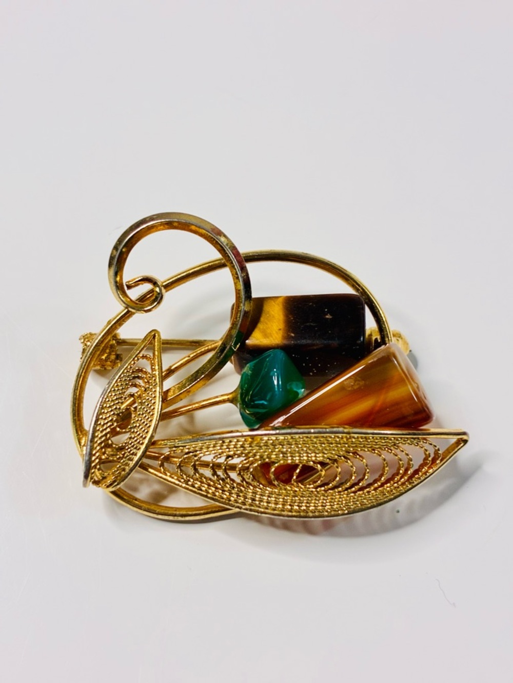 VTG MCM Swan Gold-Tone Abstract Filigree Brooch with Green and Brown Accents